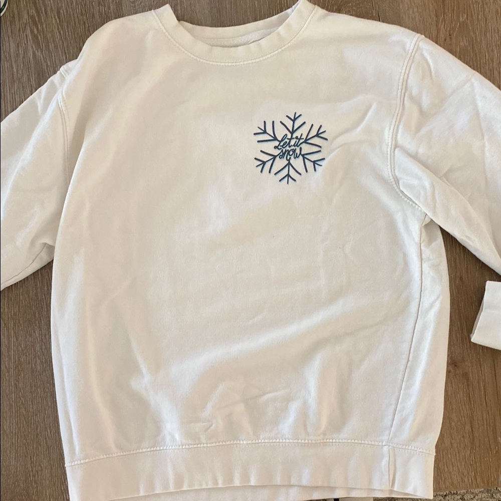 White Crew Neck Sweater with Blue Snowflake Design